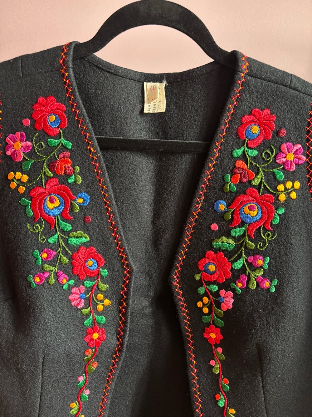 Vintage Eastern European Floral Embroidered Black Felt Wool Sleeveless Vest - Picture 5 of 10